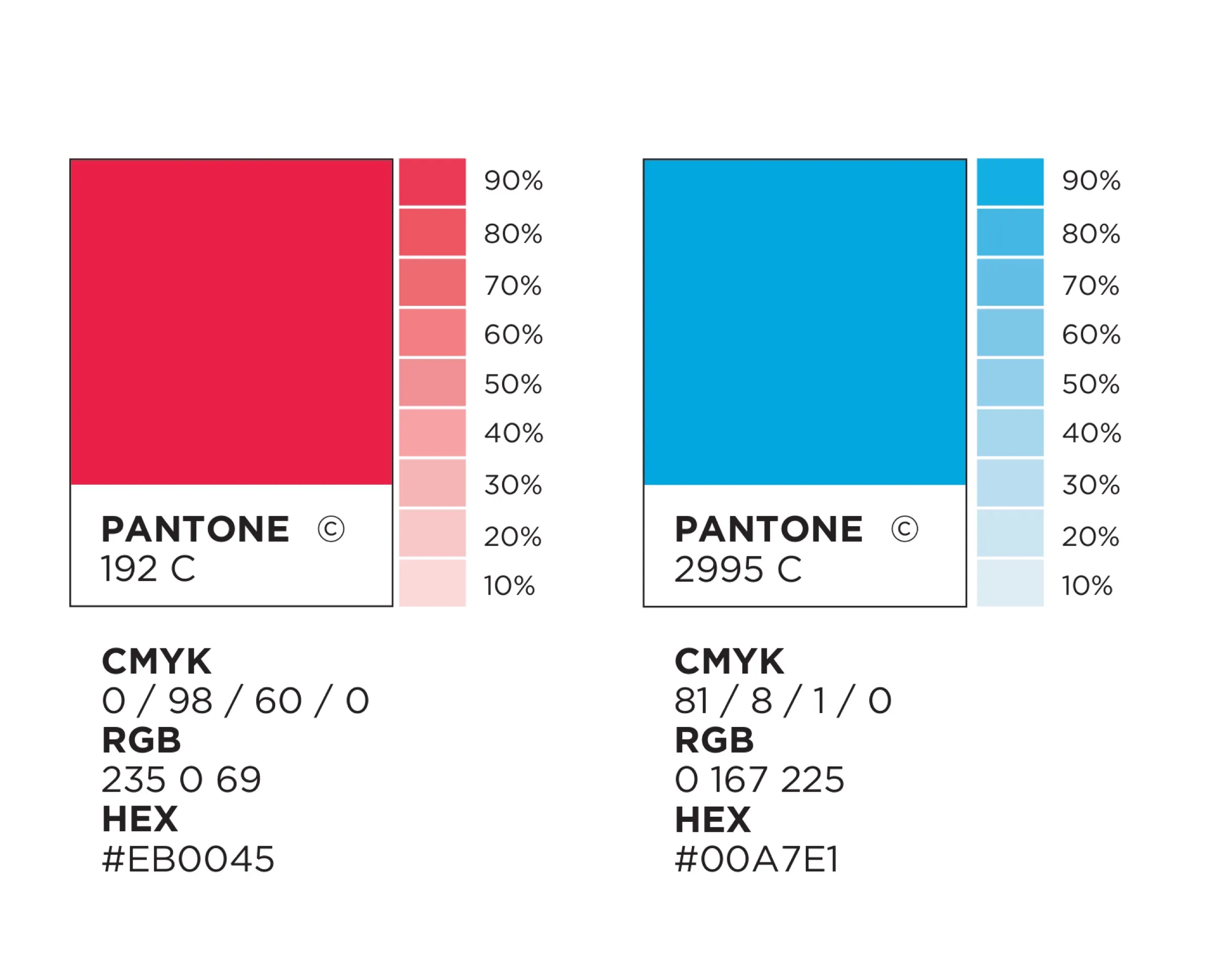 Colores corporativos de Núcleo: rojo Pantone 192 C y cyan Pantone 2995 C con sus tintas