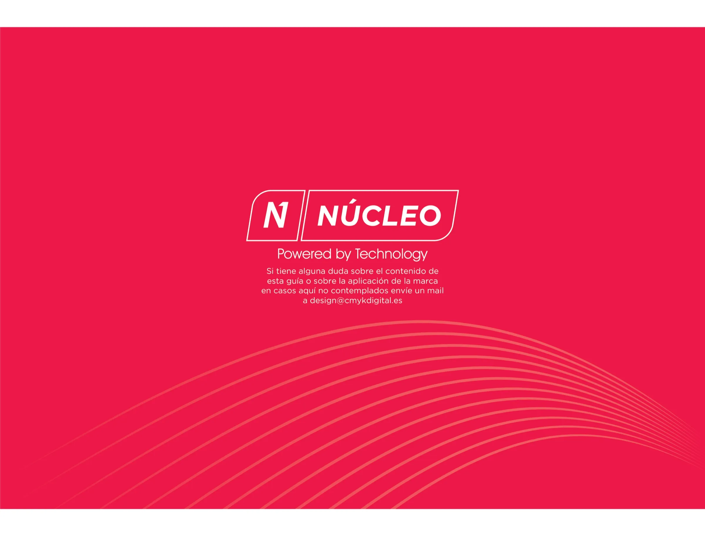 Logotipo de Núcleo en blanco sobre fondo rojo con la trama de líneas curvas