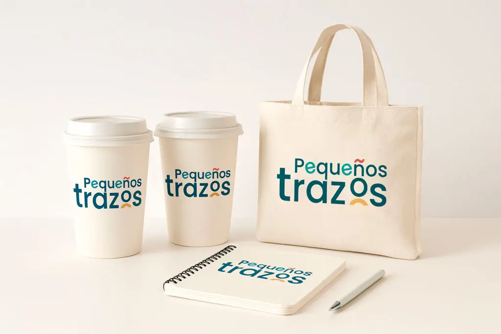Logotipo de Pequeños Trazos en una bolsa de tela, vasos y una libreta