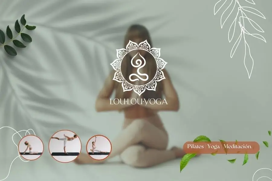 Imagen de marca de Lou Lou Yoga con el símbolo sobre una fotografía de una persona en postura de yoga
