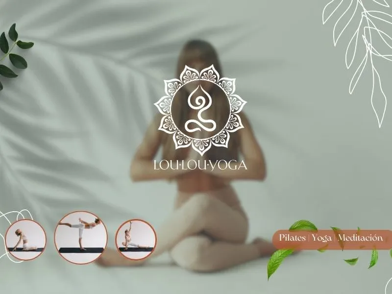 Imagen de marca de Lou Lou Yoga con el símbolo sobre una fotografía de una persona en postura de yoga