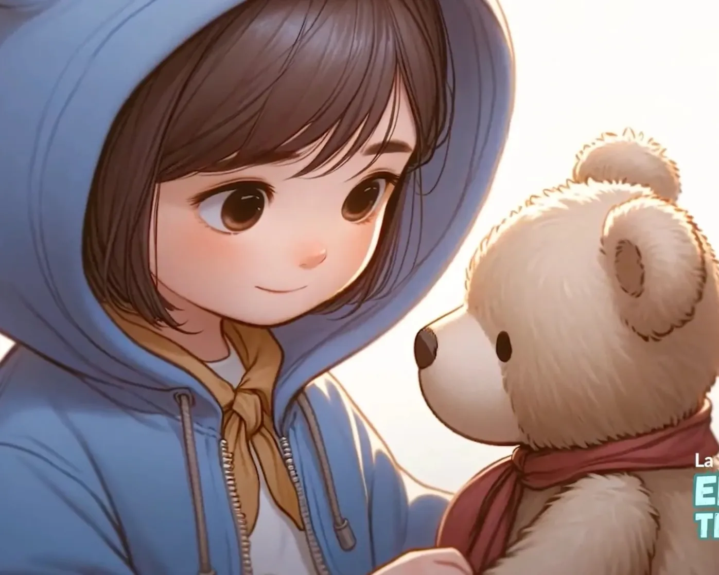 Ilustración del cuento con Emma, una niña con sudadera azul con orejitas, mirando con cariño a su oso de peluche Timoteo