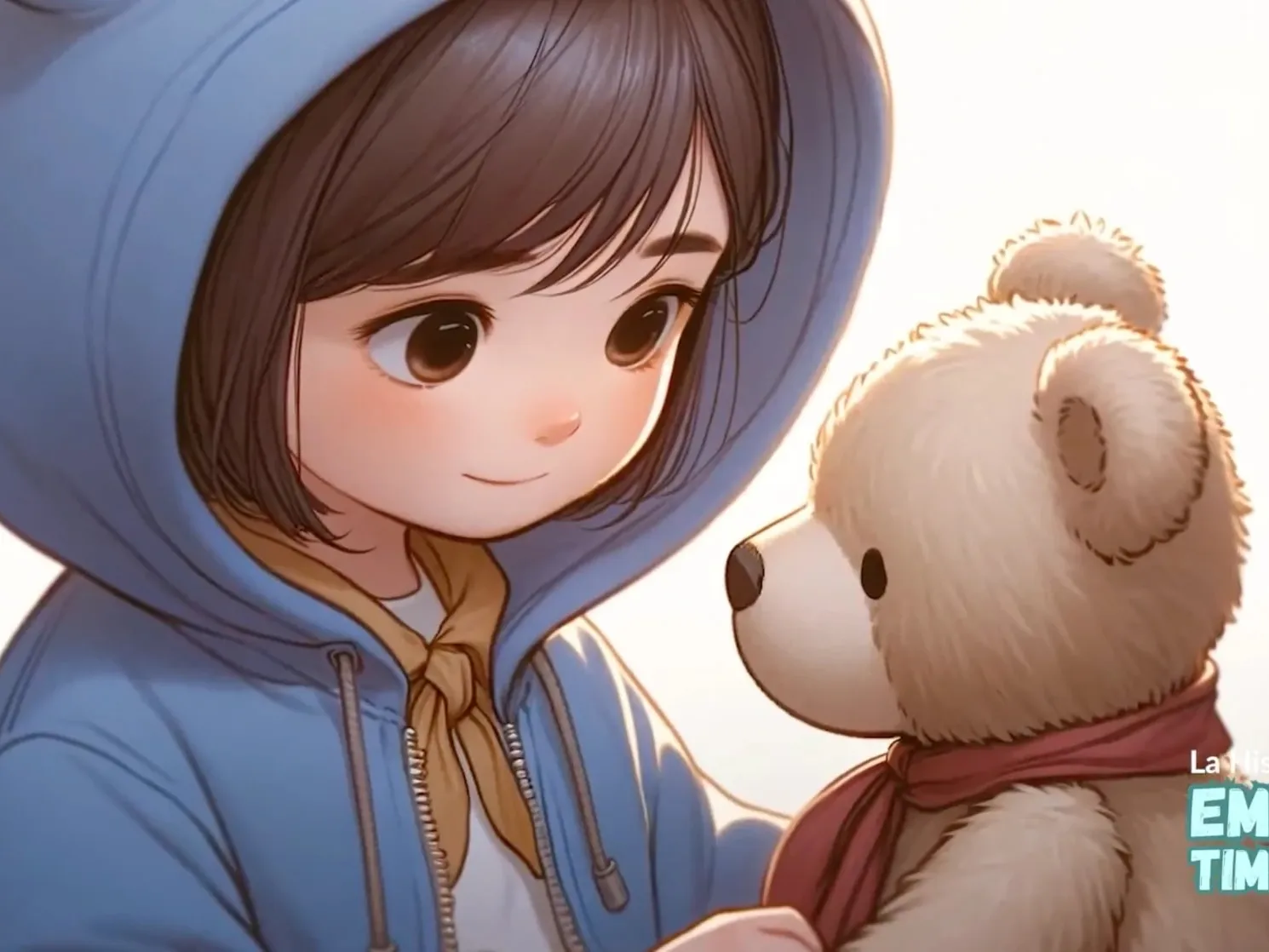 Ilustración del cuento con Emma, una niña con sudadera azul con orejitas, mirando con cariño a su oso de peluche Timoteo