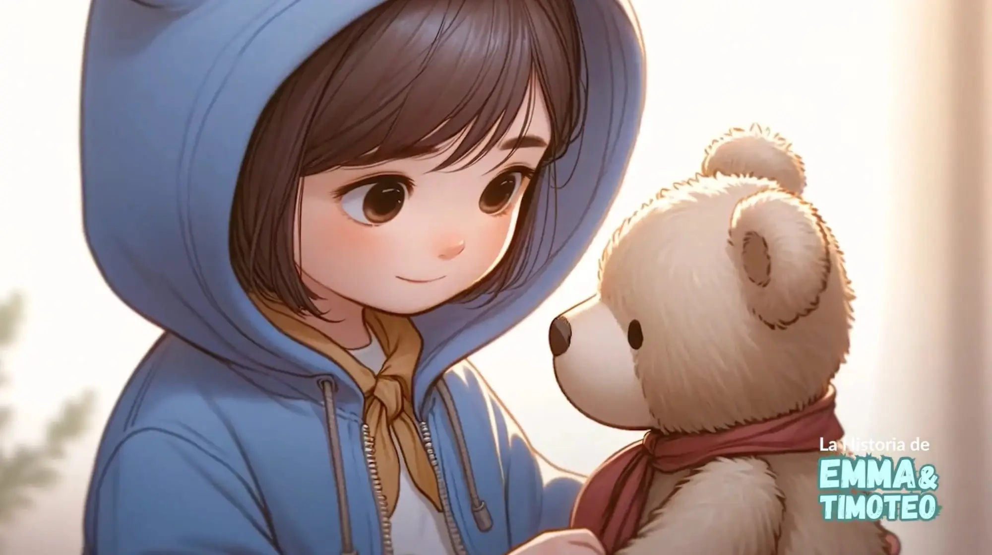 Ilustración del cuento con Emma, una niña con sudadera azul con orejitas, mirando con cariño a su oso de peluche Timoteo