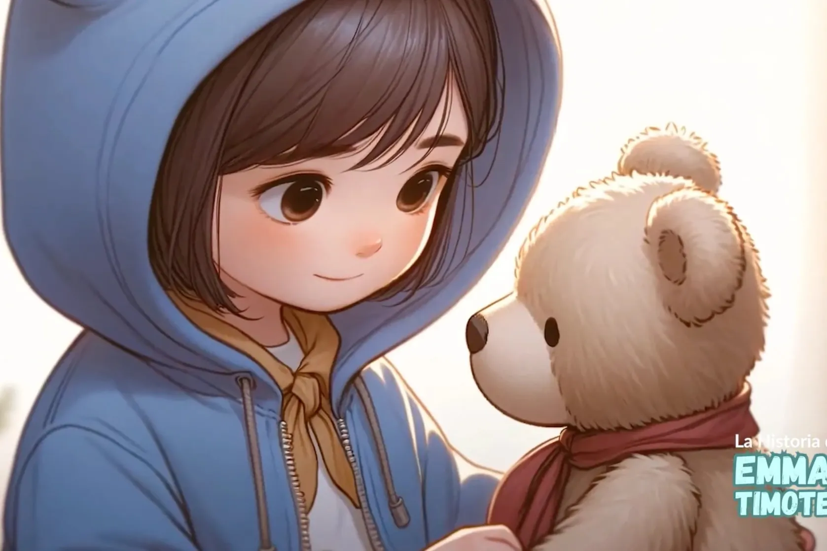 Ilustración del cuento con Emma, una niña con sudadera azul con orejitas, mirando con cariño a su oso de peluche Timoteo