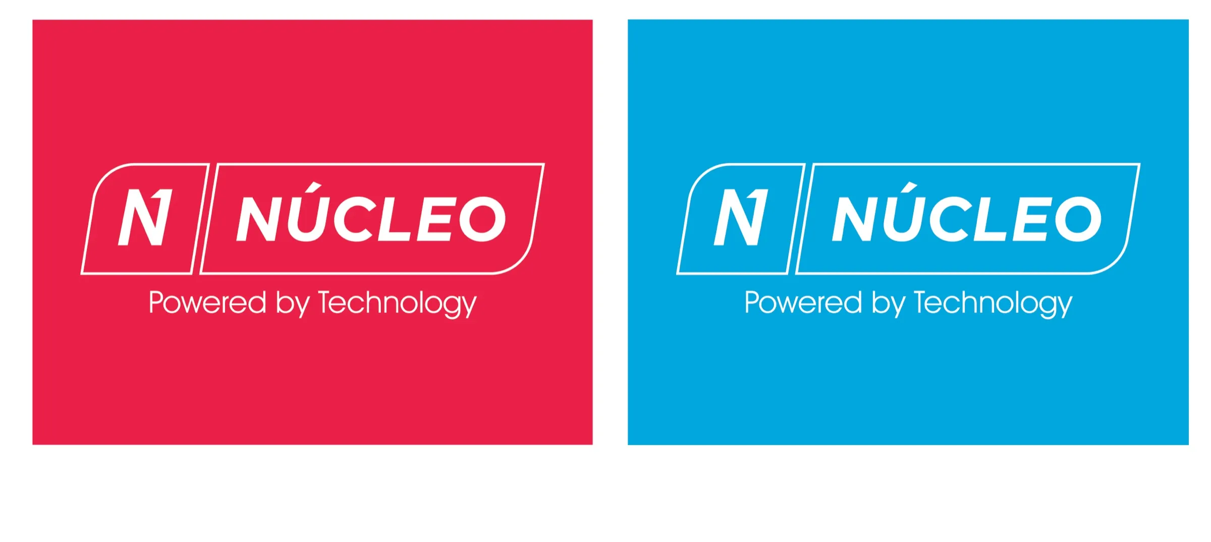 Logotipo de Núcleo con el claim Powered by Technology en blanco sobre rojo y sobre cyan