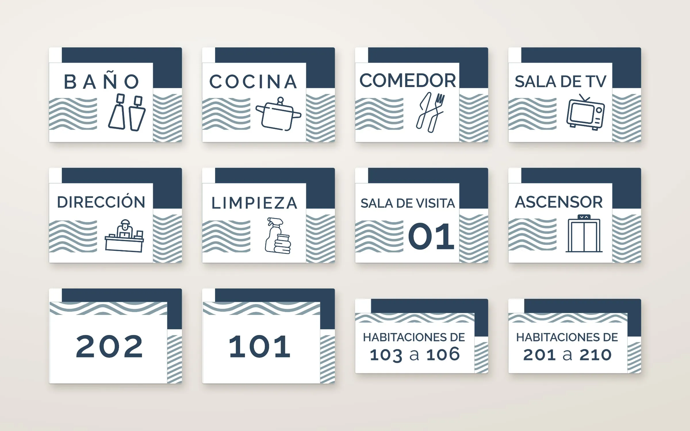 Carteles de señalética de la residencia Villa del Mar con las ondas azules de la marca