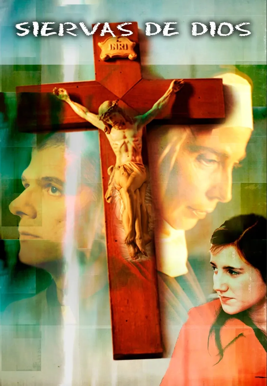 Cartel que diseñé para el cortometraje Siervas de Dios, con un crucifijo de madera sobre los rostros de los protagonistas