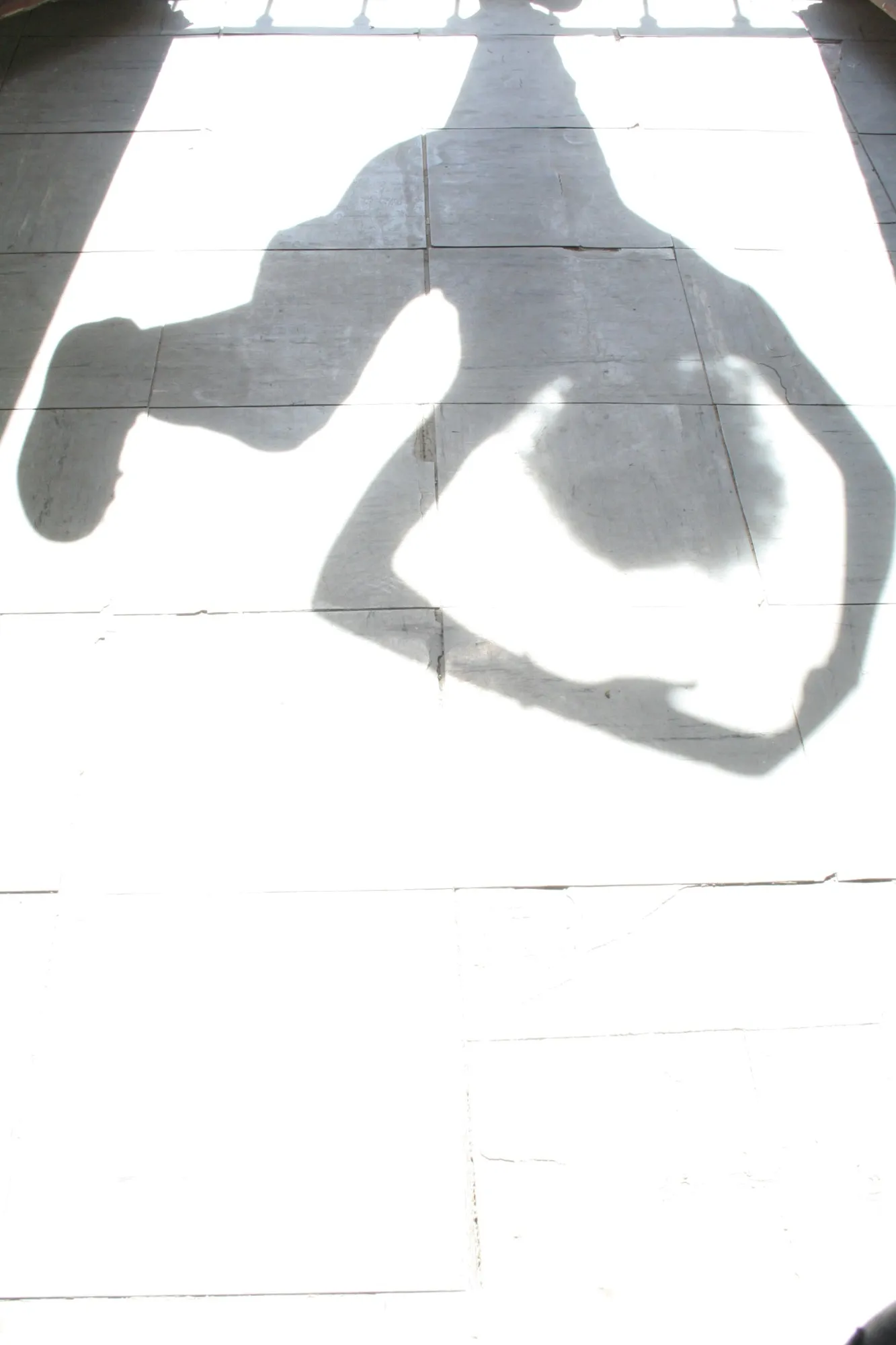 Sombra de una figura estirada sobre las baldosas bajo la luz de un balcón