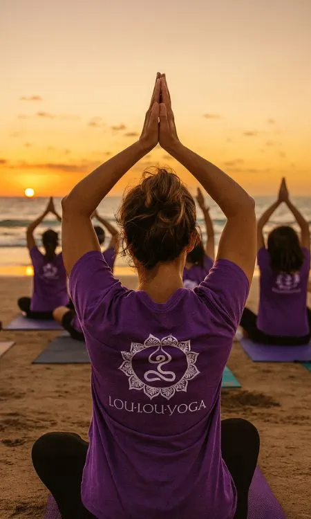 Alumnas de yoga de espaldas frente al mar con camisetas de Lou Lou Yoga