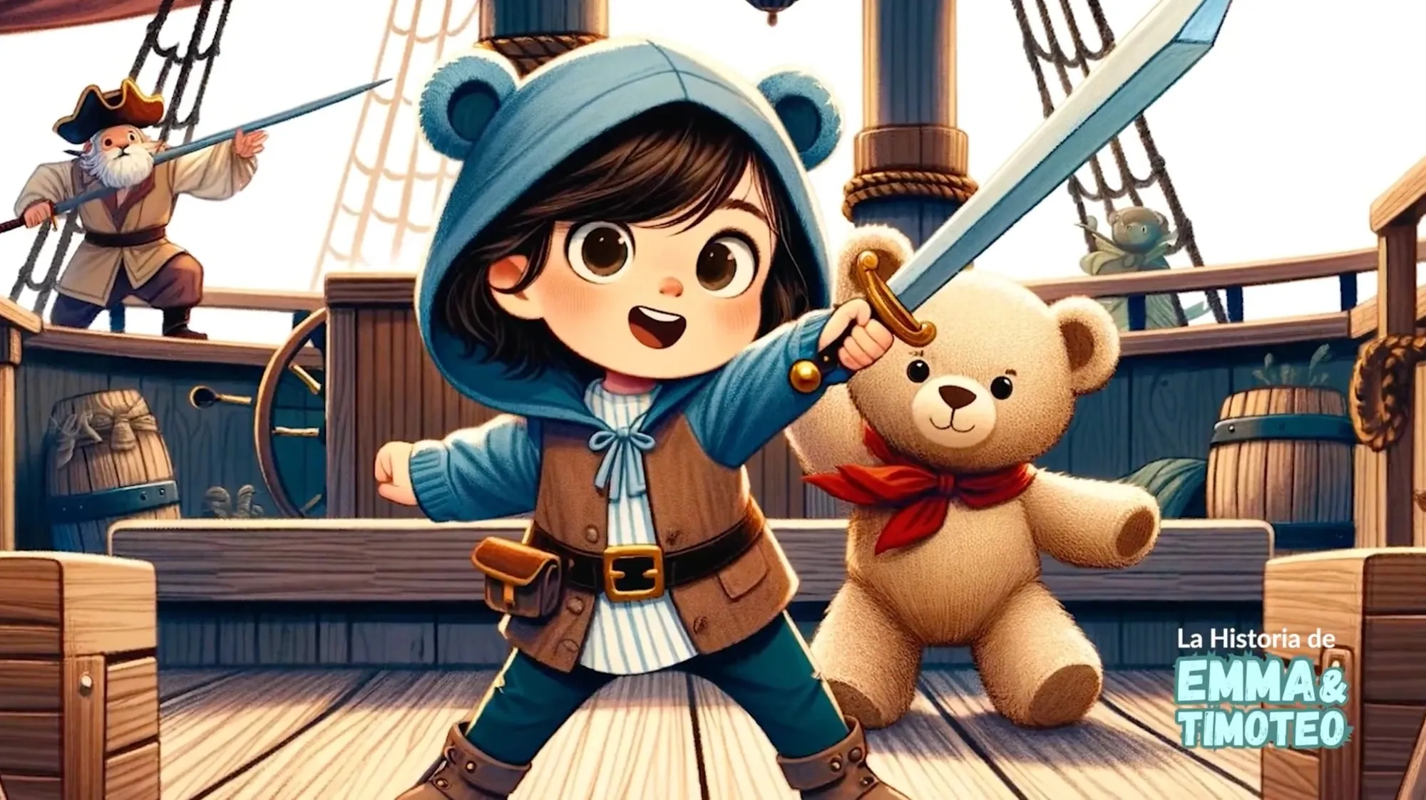 Ilustración de Emma y Timoteo luchando con espadas en la cubierta de un barco pirata