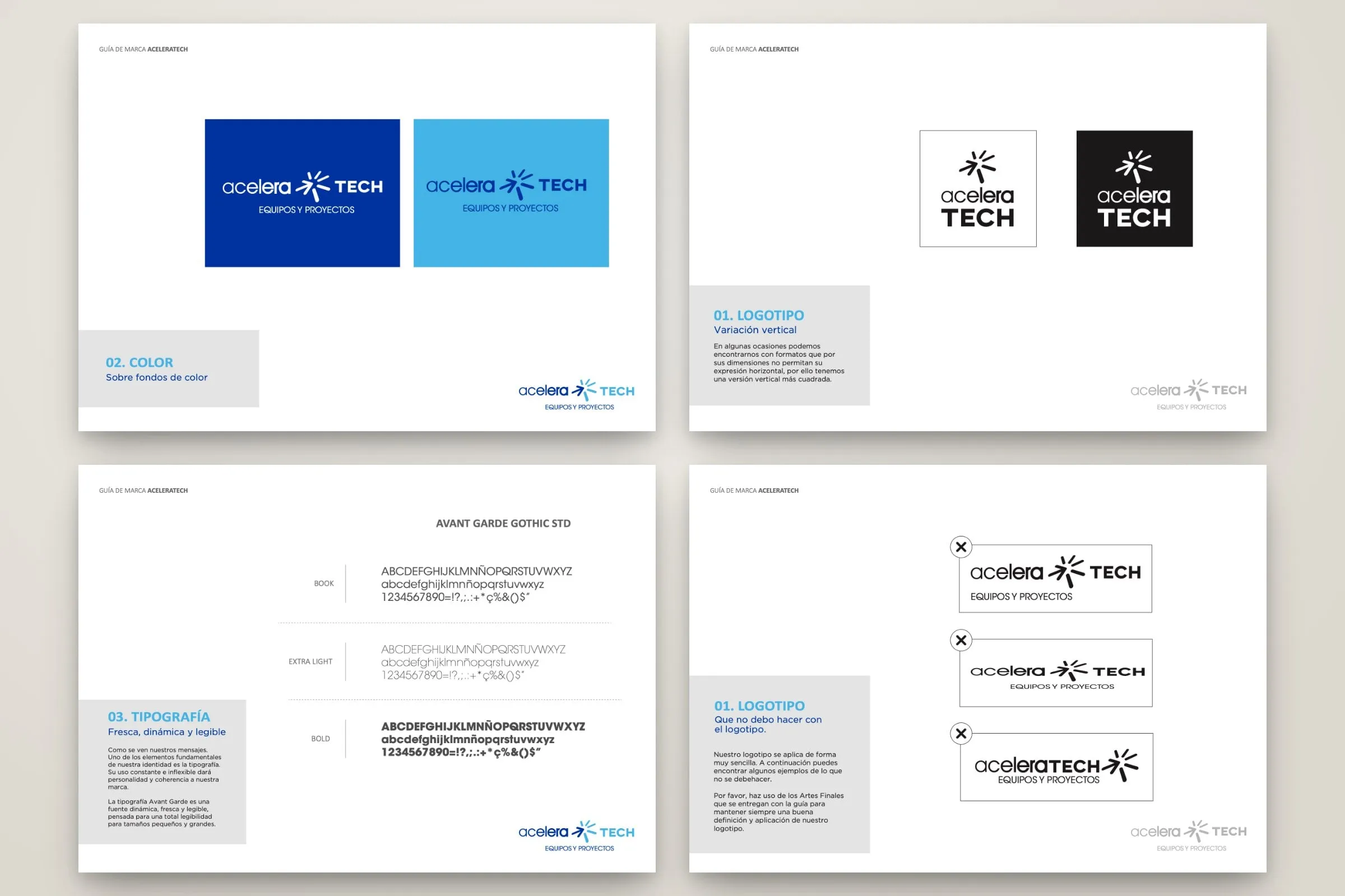 Páginas del manual con el logotipo sobre fondos de color, la versión vertical, la tipografía Avant Garde y los usos incorrectos