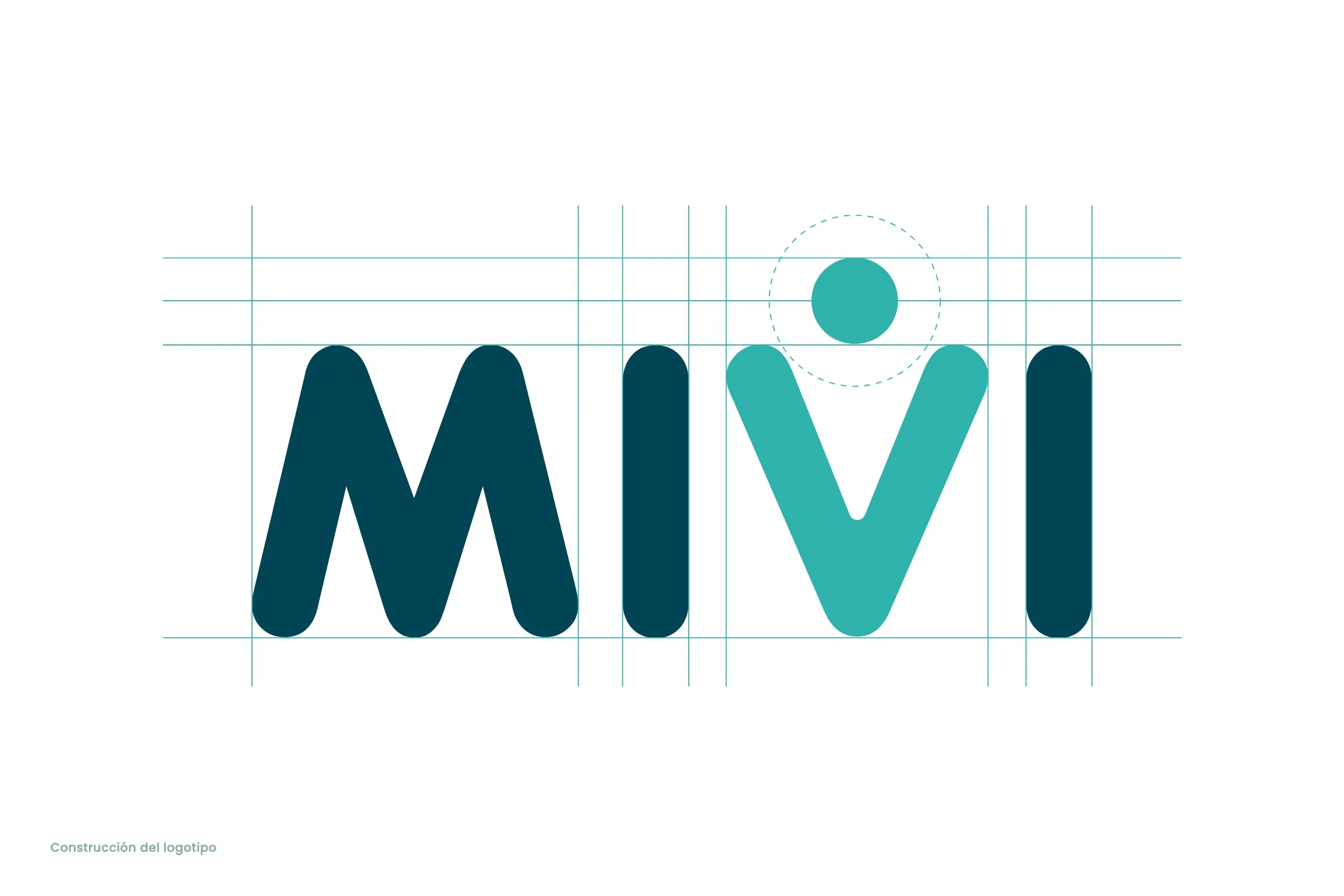 Construcción del logotipo de MIVI sobre una retícula de líneas turquesa