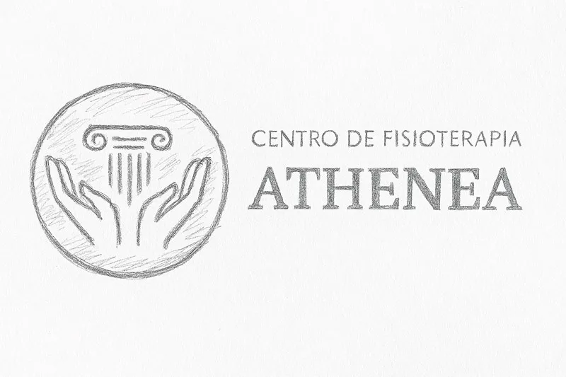 Logotipo del Centro de fisioterapia Athenea con una columna clásica entre dos manos