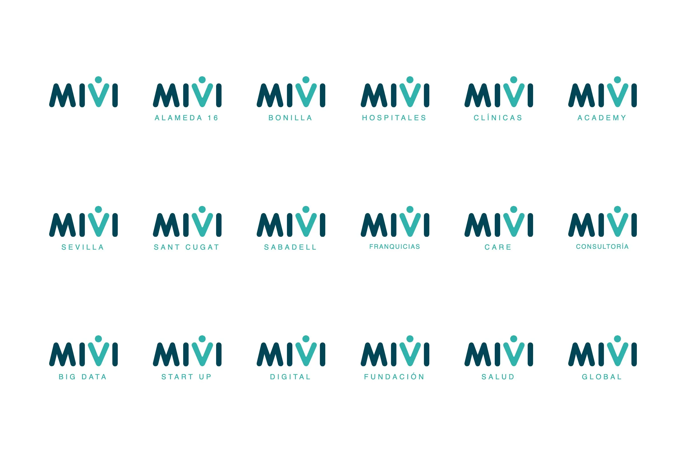 Diecisiete versiones del logotipo de MIVI para cada centro y línea de negocio, de Alameda 16 a Global
