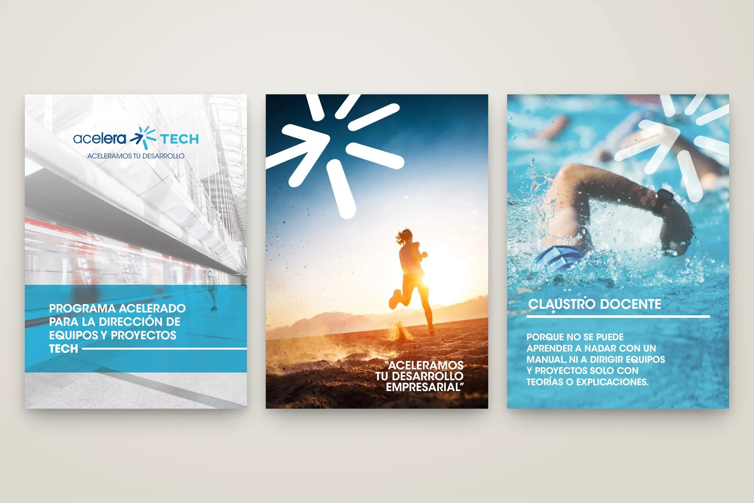 Portada y páginas del dossier del programa acelerado, con fotos de deporte y el símbolo de la marca