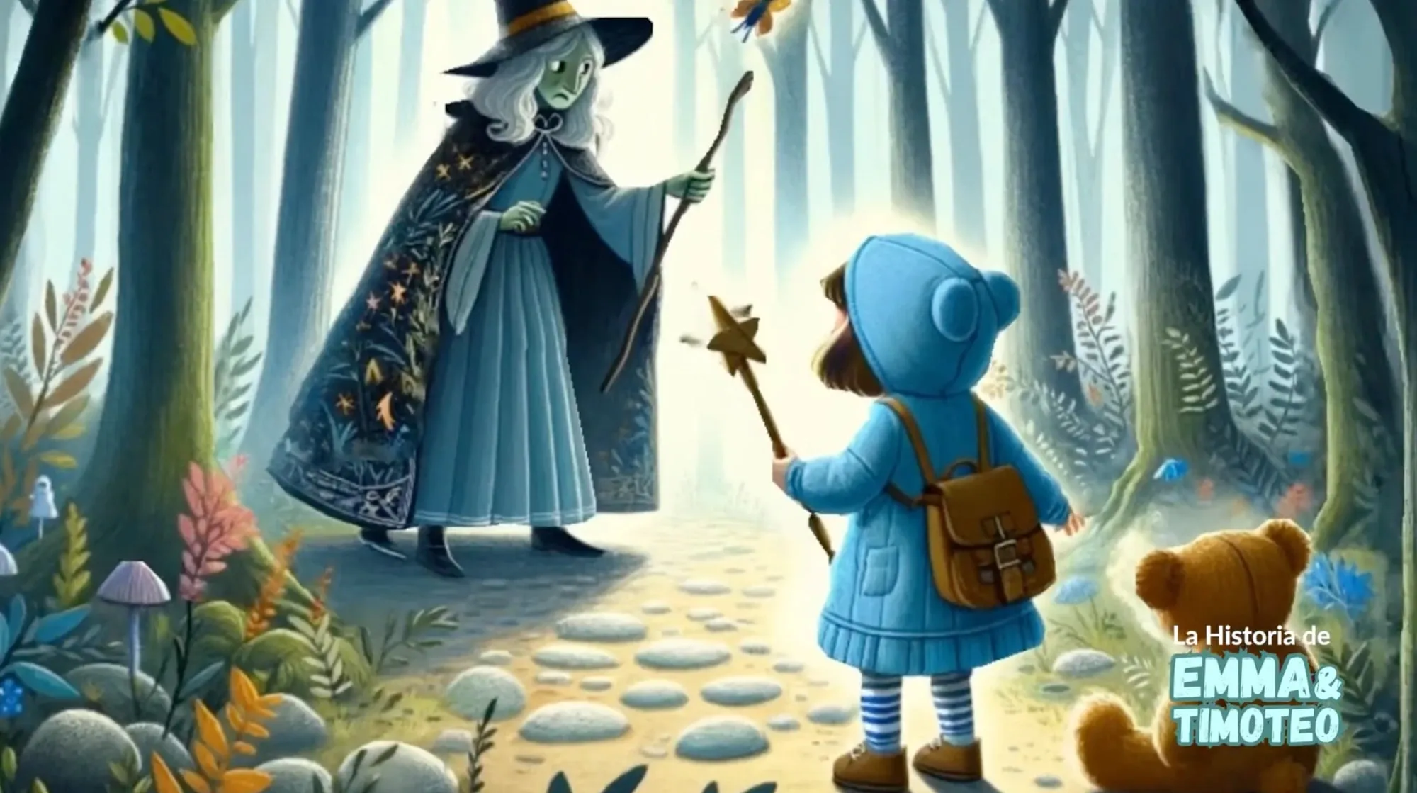 Ilustración de Emma con una varita frente a una bruja en un bosque encantado, con Timoteo a su lado