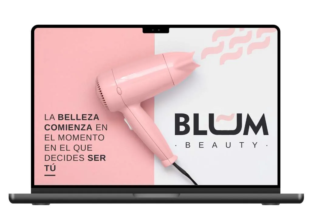 Imagen de campaña de Blum Beauty con un secador rosa en un portátil