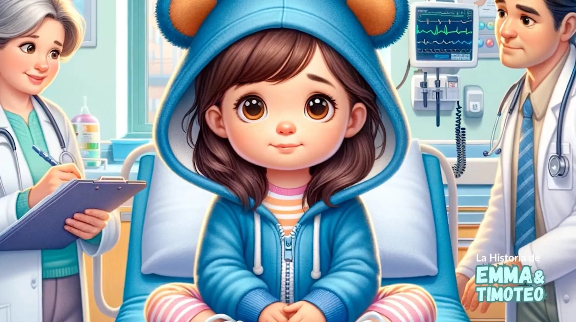 Ilustración de Emma sentada en una camilla del hospital, tranquila, junto a una enfermera y un médico