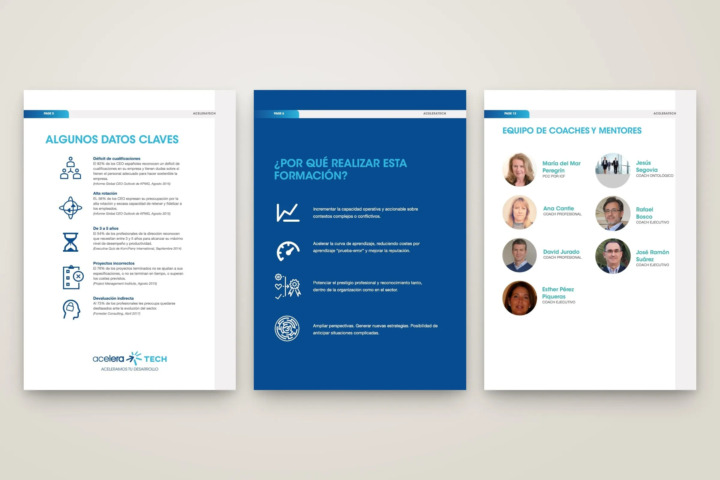 Páginas interiores del dossier con los datos clave con iconos, por qué realizar la formación y el equipo de coaches